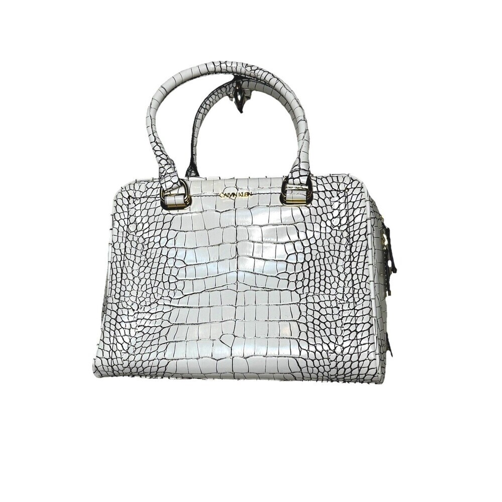 Calvin Klein White " Crocodile " Croc Leather Handbag White Missing Straps